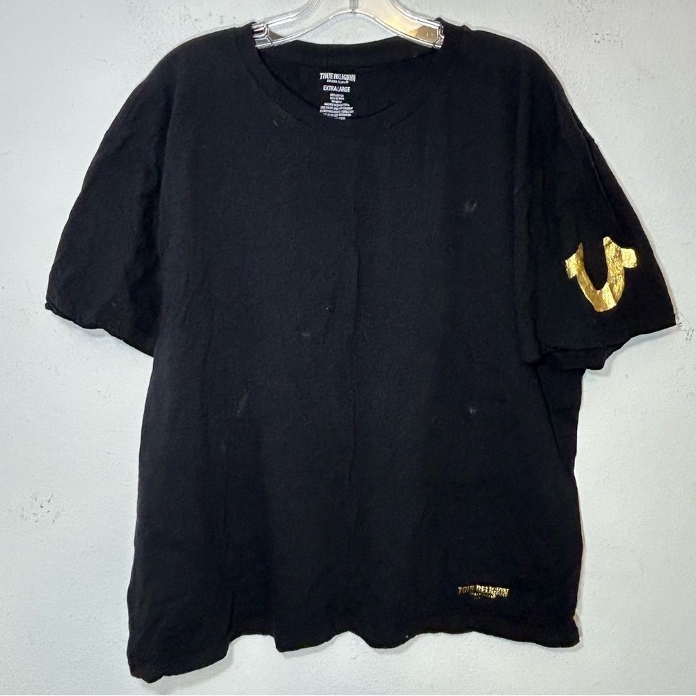 TRUE RELIGION MENS TSHIRT XL BLACK GOLD HIP HOP LOGO SPELLOUT SHORT SLEEVES Y2K